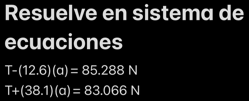 Resuelve en sistema de 
ecuaciones
T-(12.6)(a)=85.288N
T+(38.1)(a)=83.066N