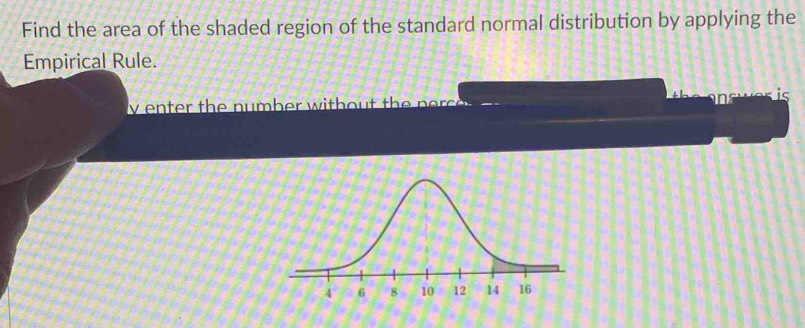 Find the area of the shaded region of the standard normal distribution by applying the 
Empirical Rule. 
y en ter the number w ith out the pe s e sw e s is