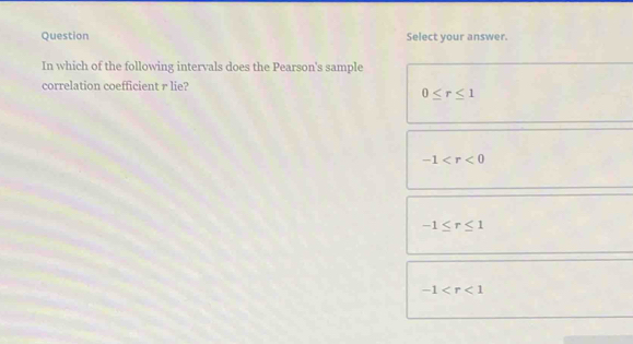 Question Select your answer.
In which of the following intervals does the Pearson's sample
correlation coefficient r lie?
0≤ r≤ 1
-1
-1≤ r≤ 1
-1