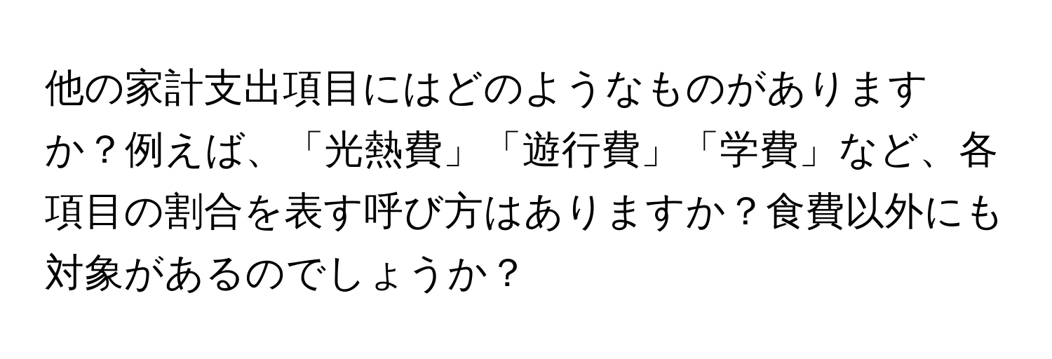 他の家計支出項目にはどのようなものがありますか？例えば、「光熱費」「遊行費」「学費」など、各項目の割合を表す呼び方はありますか？食費以外にも対象があるのでしょうか？