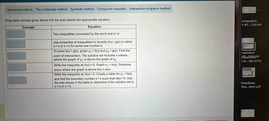 Numerical method The x-intercept method Symbolic method Compound inequality Intersection-of-graphs method
Drag each concept given above into the area beside the appropriate equation. icreenshot
4-07_ 7.22A^(18);reenshot
1-0....38.22PM ;Peenshot M
PennState
fica.. ware. pd