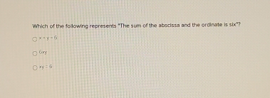 Which of the following represents "The sum of the abscissa and the ordinate is six"?
x+y=6
6xy
xy=5