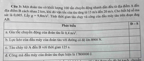 Một đoàn tàu có khổi lượng 100 tần chuyển động nhanh dần đều từ địa điểm A đến
địa điểm B cách nhau 2 km, khi đó vận tốc của tàu tăng từ 15 m/s đến 20 m/s. Cho biết hệ số ma
sát là 0,005. Lấy g=9,8m/s^2
A . Tính thời gian tàu chạy và công của đầu máy tàu trên đoạn đưg
54 km/h chuyện