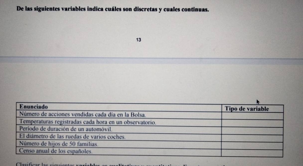 De las siguientes variables indica cuáles son discretas y cuales continuas. 
13 
Clasificar las siguientes var