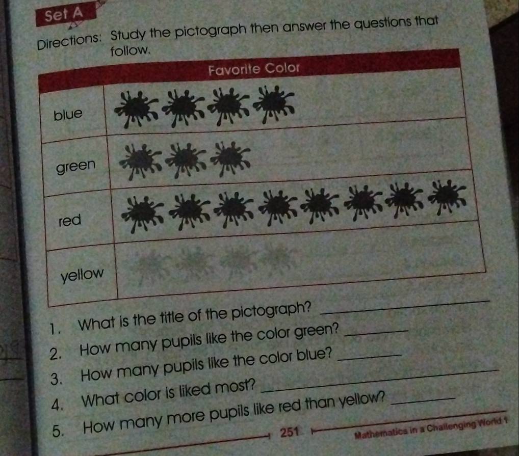 Set A 
ections: Study the pictograph then answer the questions that 
1. What is the title of the picto 
_ 
2. How many pupils like the color green?__ 
_3. How many pupils like the color blue? 
4. What color is liked most? 
5. How many more pupils like red than yellow?_ 
251 Mathematics in a Challenging World 1