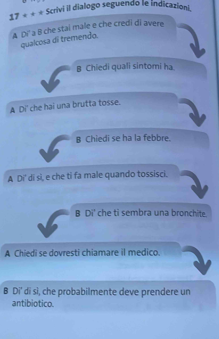 17+++. Scrivi il dialogo seguendo le indicazioni. 
A Di' a B che stai male e che credì di avere 
qualcosa di tremendo. 
B Chiedi quali sintomi ha. 
A Di' che hai una brutta tosse. 
B Chiedi se ha la febbre. 
A Di' di sì, e che ti fa male quando tossisci. 
B Di' che ti sembra una bronchite. 
A Chiedi se dovresti chiamare il medico. 
B Di’ di sì, che probabilmente deve prendere un 
antibiotico.