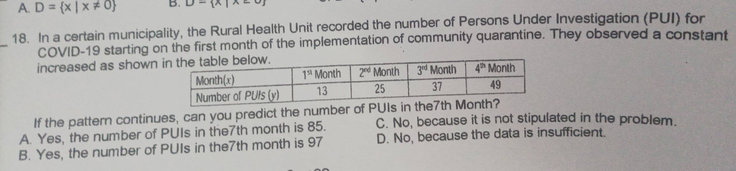 A. D= x|x!= 0
B. D= x|x<0
18. In a certain municipality, the Rural Health Unit recorded the number of Persons Under Investigation (PUI) for
_
COVID-19 starting on the first month of the implementation of community quarantine. They observed a constant
increased as shown 
If the pattern continues, can you predict the number of PU
A. Yes, the number of PUIs in the7th month is 85.
C. No, because it is not stipulated in the problem.
D. No, because the data is insufficient.
B. Yes, the number of PUIs in the7th month is 97