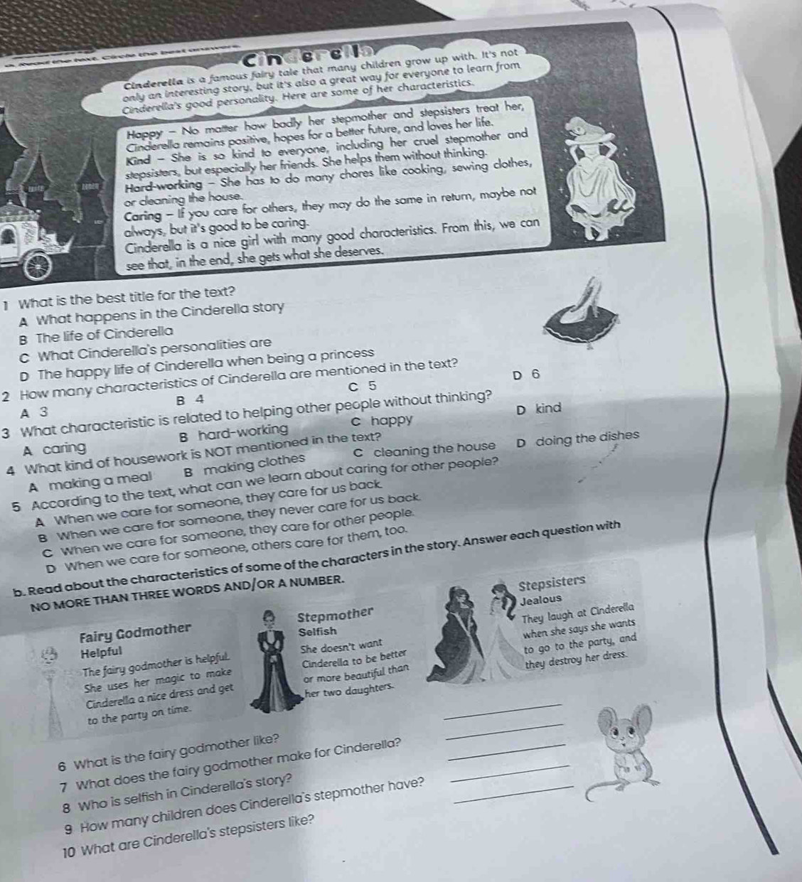 Cinderella
Cinderella is a famous fairy tale that many children grow up with. It's not
only an interesting story, but it's also a great way for everyone to learn from
Cinderella's good personality. Here are some of her characteristics.
Happy - No matter how badly her stepmother and stepsisters treat her,
Cinderella remains positive, hopes for a better future, and loves her life.
Kind - She is so kind to everyone, including her cruel stepmother and
stepsisters, but especially her friends. She helps them without thinking.
Hard-working - She has to do many chores like cooking, sewing clothes,
or deaning the house.
Caring - If you care for others, they may do the same in return, maybe not
always, but it's good to be caring.
Cinderella is a nice girl with many good characteristics. From this, we can
see that, in the end, she gets what she deserves.
1 What is the best title for the text?
A What happens in the Cinderella story
B The life of Cinderella
C What Cinderella's personalities are
D The happy life of Cinderella when being a princess
5
D 6
2 How many characteristics of Cinderella are mentioned in the text?
C 5
B 4
A 3
D kind
3 What characteristic is related to helping other people without thinking?
A caring B hard-working c happy
4 What kind of housework is NOT mentioned in the text?
A making a meal B making clothes C cleaning the house D doing the dishes
5 According to the text, what can we learn about caring for other people?
A When we care for someone, they care for us back.
B When we care for someone, they never care for us back.
C When we care for someone, they care for other people.
D When we care for someone, others care for them, too.
b. Read about the characteristics of some of the characters in the story. Answer each question with
NO MORE THAN THREE WORDS AND/OR A NUMBER.
Stepsisters
Jealous
Fairy Godmother Stepmother
They laugh at Cinderella
Helpful Selfish
when she says she wants 
to go to the party, and
The fairy godmother is helpful. She doesn't want
they destroy her dress.
She uses her magic to make Cinderella to be better
Cinderella a nice dress and get or more beautiful than
her two daughters.
to the party on time.
_
6 What is the fairy godmother like?
_
7 What does the fairy godmother make for Cinderella?__
8 Who is selfish in Cinderella's story?
9 How many children does Cinderella's stepmother have?_
10 What are Cinderella's stepsisters like?