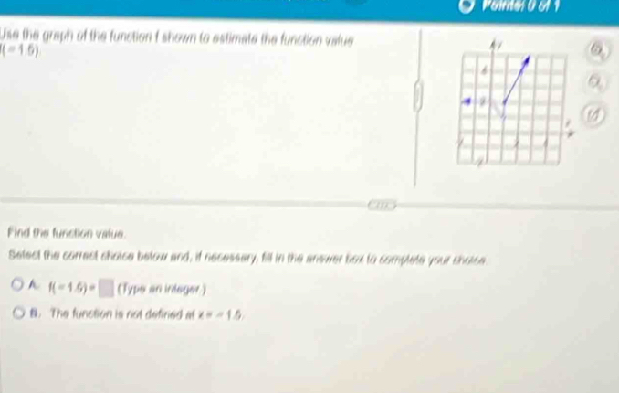 Painel 0 611
Use the graph of the function f shown to estimate the function value
(-1.6)
Q_1
Find the function value.
Select the correst choise below and, if necessary, fill in the answer box to complete your sholse
f(-1.5)=□ (Type an indagar)
B. The function is not defined at x=-1.5,