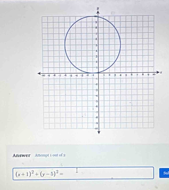 Answer Attempt 1 out of 2
(x+1)^2+(y-5)^2=
Sul