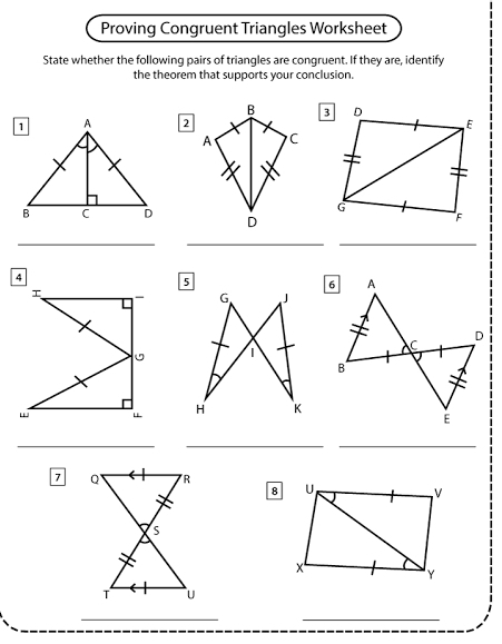 Proving Congruent Triangles Worksheet 
State whether the following pairs of triangles are congruent. If they are, identify 
the theorem that supports your conclusion.
B
2
A C
D
_ 
__ 
5
G J
T
H K
_ 
__ 
7 
__