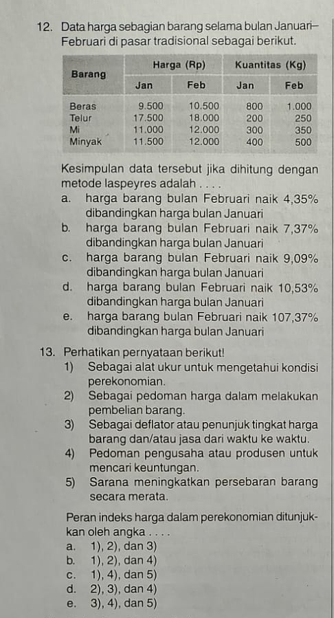 Data harga sebagian barang selama bulan Januari--
Februari di pasar tradisional sebagai berikut.
Kesimpulan data tersebut jika dihitung dengan
metode laspeyres adalah . . . .
a. harga barang bulan Februari naik 4,35%
dibandingkan harga bulan Januari
b. harga barang bulan Februari naik 7,37%
dibandingkan harga bulan Januari
c. harga barang bulan Februari naik 9,09%
dibandingkan harga bulan Januari
d. harga barang bulan Februari naik 10,53%
dibandingkan harga bulan Januari
e. harga barang bulan Februari naik 107, 37%
dibandingkan harga bulan Januari
13. Perhatikan pernyataan berikut!
1) Sebagai alat ukur untuk mengetahui kondisi
perekonomian.
2) Sebagai pedoman harga dalam melakukan
pembelian barang.
3) Sebagai deflator atau penunjuk tingkat harga
barang dan/atau jasa dari waktu ke waktu.
4) Pedoman pengusaha atau produsen untuk
mencari keuntungan.
5) Sarana meningkatkan persebaran barang
secara merata.
Peran indeks harga dalam perekonomian ditunjuk-
kan oleh angka . . . .
a. 1), 2), dan 3)
b. 1), 2), dan 4)
c. 1), 4), dan 5)
d. 2), 3), dan 4)
e. 3), 4), dan 5)