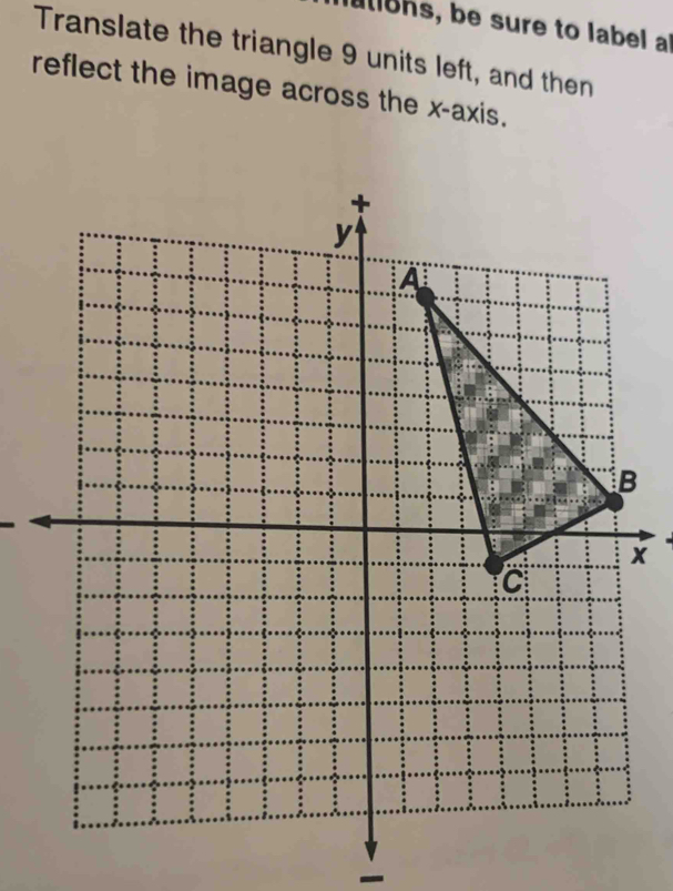 utiohs, be sure to label al 
Translate the triangle 9 units left, and then 
reflect the image across the x-axis.
x
-