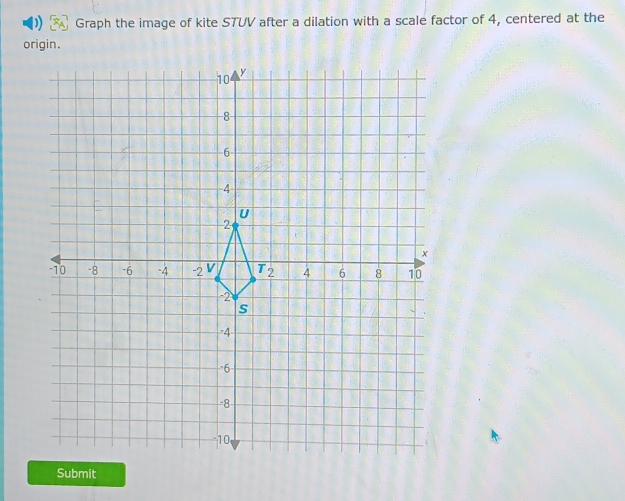 Graph the image of kite S7UV after a dilation with a scale factor of 4, centered at the
origin.
Submit