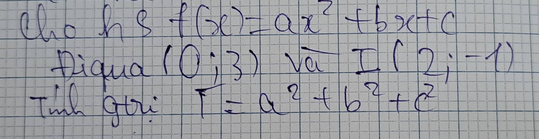 aloh8 f(x)=ax^2+bx+c
piqud
(0;3) 1 a
I(2;-1)
The gou
T=a^2+b^2+c^2