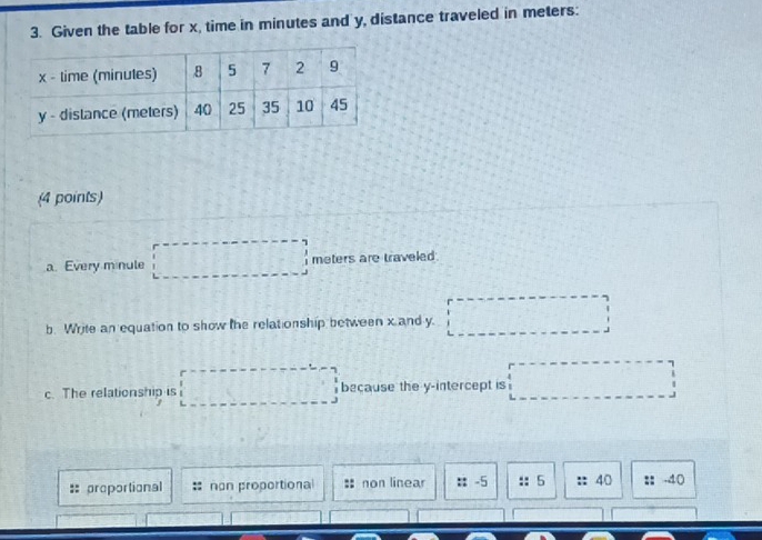 Given the table for x, time in minutes and y, distance traveled in meters :
(4 points)
a. Every m nule □ , □ meters are traveled.
b. Write an equation to show the relationship between x and y. □
c. The relationship is □ because the y-intercept is □
:: proportional non proportional :: non linear :: -5 :: 5 :: 40 :: -40