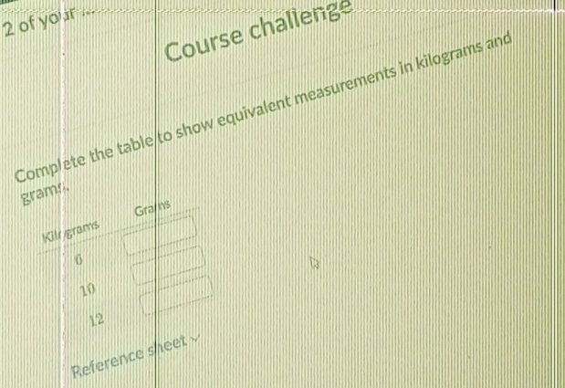 of your
Course challenge
Complete the table to show equivalent measurements in kilograms and
gram.
Grapns
Kilegrams
6
10
12
Reference sheet