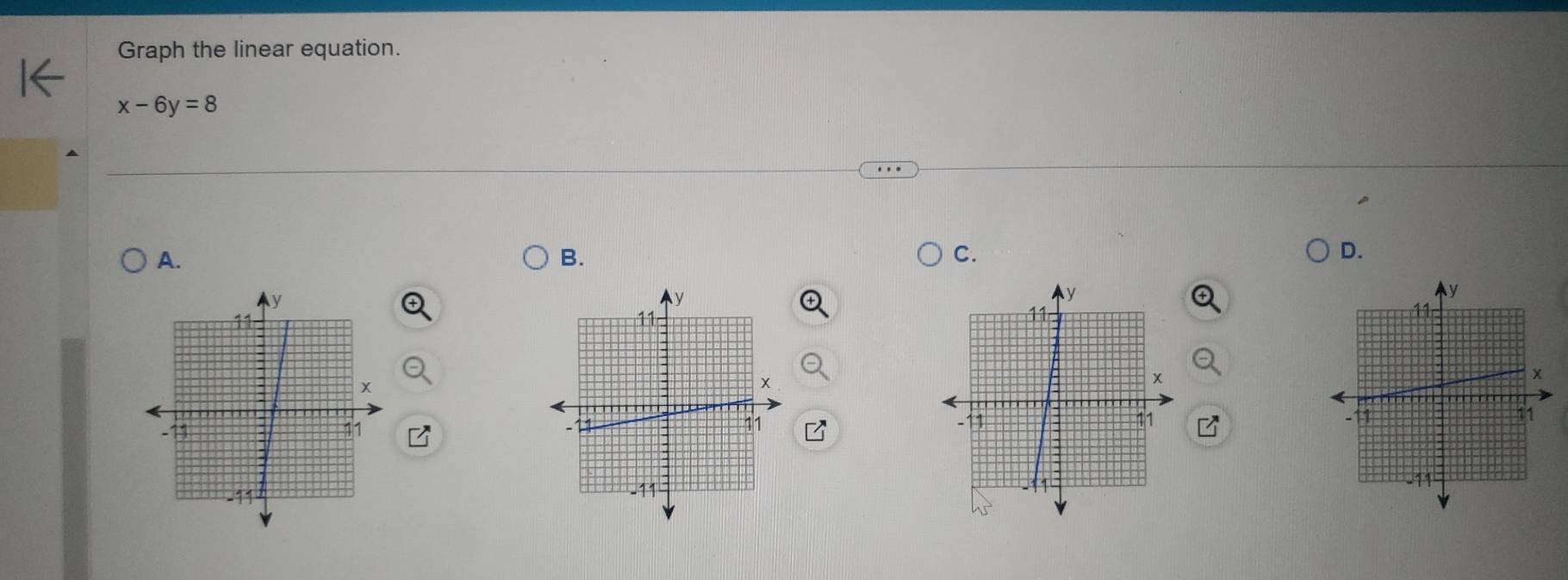 Graph the linear equation.
x-6y=8
A. 
B. 
C. 
D.