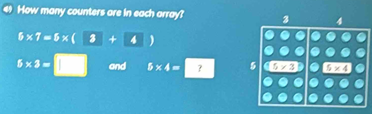 How many counters are in each array? 4
5* 7=5* (3+4)
5* 3= and 5* 4= ^ ? 5 5* 3 E 5* 4