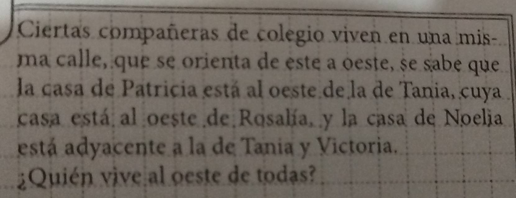 Ciertas compañeras de colegio viven en una mis- 
ma calle, que se orienta de este a õeste, se sabe que 
la casa de Patricia está al oeste de la de Tania, cuya 
casa está al oeste de Rosalía, y la casa de Noelia 
está adyacente a la de Tania y Victoria. 
¿Quién vive al oeste de todas?