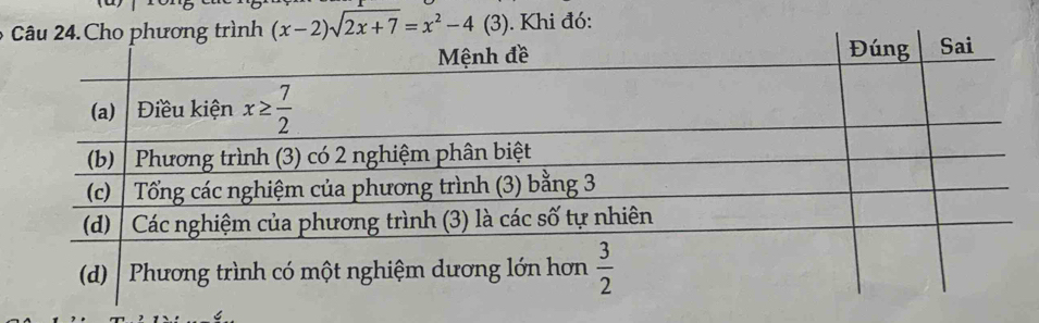 Cho phương trình (x-2)sqrt(2x+7)=x^2-4 (3). Khi đó: