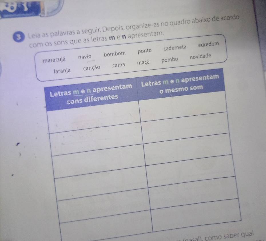 Leia as palavras a seguir. Depois, organize-as no quadro abaixo de acordo
com os sons que as letras m e n apresentam.
maracujá navio bombom ponto caderneta edredom
çã pombo novidade
(nasal), çomo saber qual