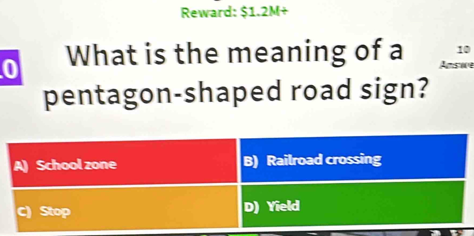 Reward: $1.2M+
0
What is the meaning of a 10
pentagon-shaped road sign?