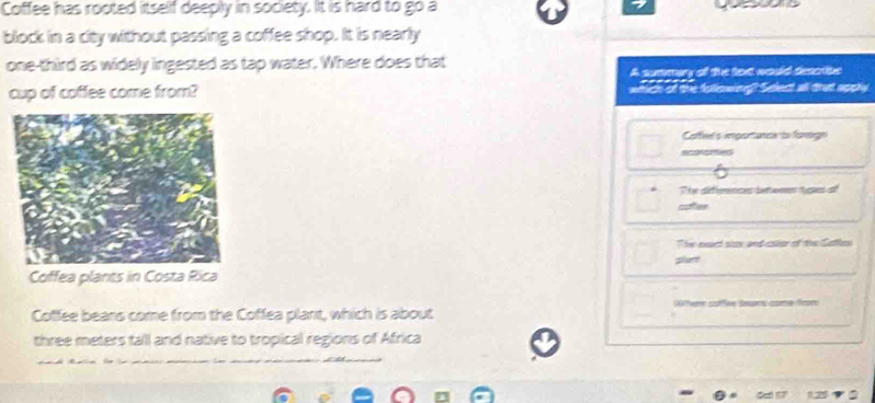 Coffee has ropted itself deeply in society. It is hard to go a
block in a city without passing a coffee shop. It is nearly
one-third as widely ingested as tap water. Where does that
A summary of the text would desctibe
cup of coffee come from? which of the folewing? Select all thatt apphy
Cofed's importanica to foneign
sccmed
The diférences beteres tdes af
outer
The eead sios and csor of the Saffe
pan!
Coffea plants in Costa Rica
Coffee beans come from the Coffea plant, which is about 90tther sofflee Sesns come frm
three meters tall and native to tropical regions of Africa