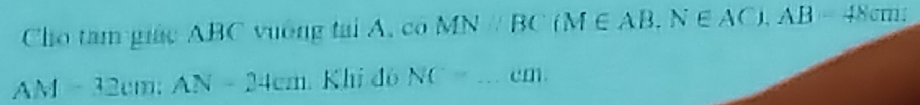 Cho tam giác ABC vuống tại A, co MN≌ BC (M∈ AB. N∈ AC), AB=48cm!
AM=12cm : AN=24cm Khi đó NC=...cm. _