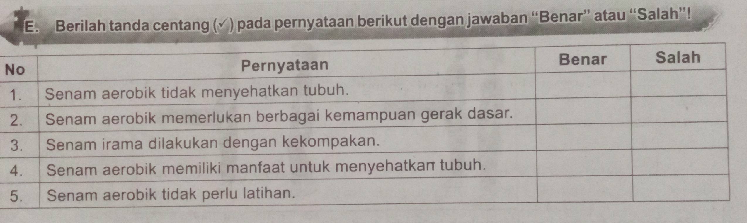 Berilah tanda centang (√ ) pada pernyataan berikut dengan jawaban “Benar” atau “Salah”! 
N