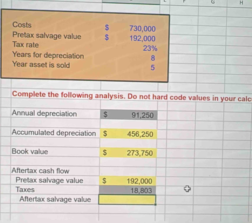 Costs $ 730,000
Pretax salvage value $ 192,000
Tax rate
23%
Years for depreciation
8
Year asset is sold 5
Complete the following analysis. Do not hard code values in your calc 
Annual depreciation $ 91,250
Accumulated depreciation $ 456,250
Book value $ 273,750
Aftertax cash flow 
Pretax salvage value $ 192,000
Taxes 18,803
Aftertax salvage value