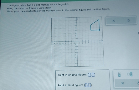 The figure below has a point marked with a large dot. 
First, translate the figure 6 units down. 
Then, give the coordinates of the marked point in the original figure and the final figure. 
Point in original figure:  □ /□  
Point in final figure: