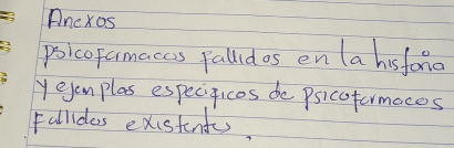 Anexos 
poicofarmaces Fallidos en la hisfono 
y eyem plas especigices de psicoformoces 
Fallides existent.