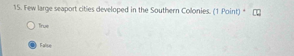 Few large seaport cities developed in the Southern Colonies. (1 Point) *
True
False