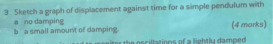 Sketch a graph of displacement against time for a simple pendulum with 
a no damping 
b a small amount of damping. 
(4 marks) 
o th e scillations of a lightly damped