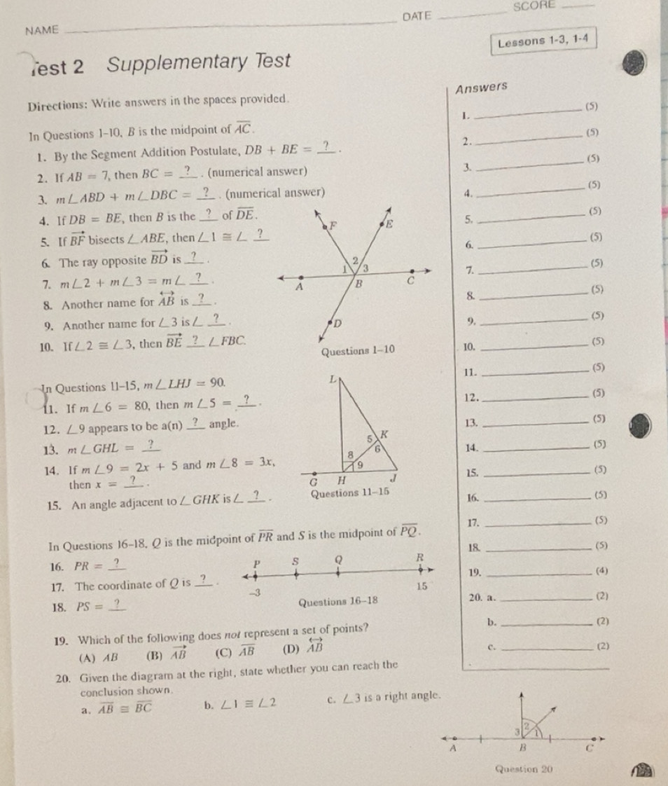 Solved: SCORE_ NAME _DATE Lessons 1-3, 1-4 Test 2 Supplementary Test ...