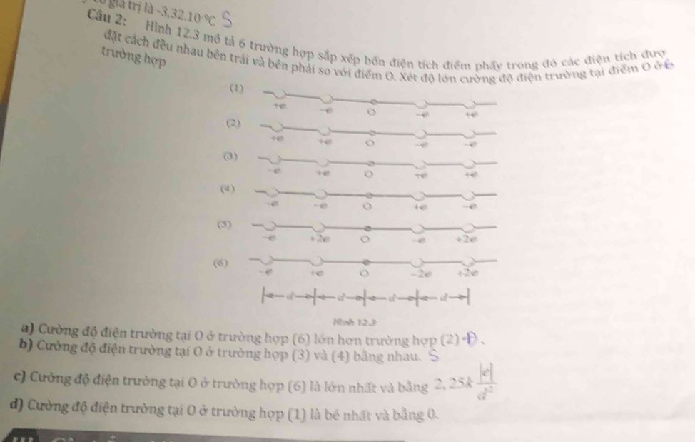 Ở giả trị 1lambda -3,3,32.10^(-9)C 
Câu 2: Hình 12.3 mô tả 6 trường hợp sắp xếp bốn điện tích điểm phẩy trong đó các điện tích đượ 
trường hợp 
đặt cách đều nhau bên trái và bên phải so với điểm O. Xét độ lớn cường độ điện trường tại điểm 0 ở c
(1)
+6 -C o 
te 
(2) 
+∞ +∞ o -e -e 
(3)
-e +e o 
(4) 
e -6 te 
(5)
C +20 e +20
(6) +2e
-6 +e o -16
d « d 
Nol 12.3 
a) Cường độ điện trường tại O ở trường hợp (6) lớn hơn trường hợp (2) 
b) Cường độ điện trường tại O ở trường hợp (3) và (4) bằng nhau. S 
c) Cường độ điện trường tại O ở trường hợp (6) là lớn nhất và bằng 2, 25k
d) Cường độ điện trường tại O ở trường hợp (1) là bé nhất và bằng 0.