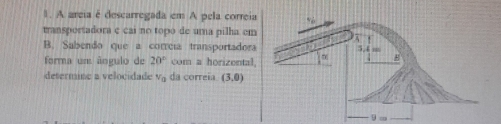 A areia é descarregada em A pela correia 
transportadora c cai no topo de uma pilha em 
B. Sabendo que a correía transportadora 
forma um ângulo de 20° com a horizental. 
determine a velocidade V_0 da correia (3,0)
1 ∞