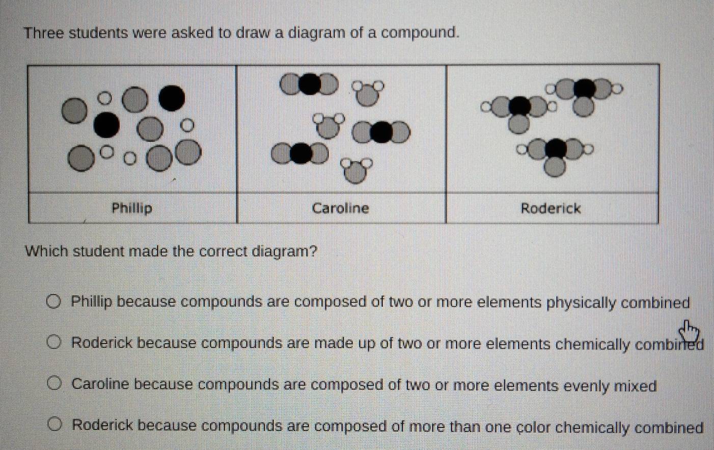 Three students were asked to draw a diagram of a compound.
Caroline Roderick
Which student made the correct diagram?
Phillip because compounds are composed of two or more elements physically combined
Roderick because compounds are made up of two or more elements chemically combined
Caroline because compounds are composed of two or more elements evenly mixed
Roderick because compounds are composed of more than one çolor chemically combined