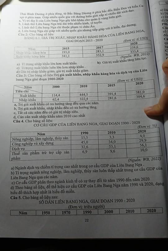 Thái Bình Dương ở phía đông, từ Bắc Băng Dương ở phía bắc đến Biển Đen và biển Ca.
xpi ở phía nam. Giáp nhiều quốc gia với đường biên giới xấp xỉ chiêu dài xích đạo. a) D.
a, Vị trị địa lí của Liên bang Nga gây khô khân cho quản lí vùng biên giới. b) D c) D.
b. Lãnh thổ Liên bang Nga trải dài trên nhiều kinh, vĩ tuyên.
c. Lãnh thổ Liên bang Nga chỉ thuộc phạm vi châu Âu Cât
d. Liên bang Nga chỉ giáp với nhiều quốc gia những tiếp giáp với ít biển, đại đương. d) D PH
Câu 2: Cho bảng số liệu:
để
Báng 6. 1. giá trị xuÁT, nhập khÂu hàng hóa của Liên bang ngA, số
5 - 2020 vk ti USD) Ci
q
ba
C
N
a) Tỉ trong nhập khẩu lớn hơn xuất khẩu. b) Giá trị xuất khẩu
c) Ti trọng xuất khẩu luôn lớn hơn nhập khẩu ,
d) Gia trị nhập khẩu giảm, giá trị xuất khẩu giảm.
Câu 3: Cho bang số liệu:Trị giá xuất khẩu, nhập khẩu hàng hóa và dịch vụ của Liên
a, Trị giá xuất khẩu có xu hướng tăng đều qua các năm.
b, Trị giá xuất khẩu, nhập khẩu đều có xu hướng tăng.
c, Tất cả các năm đều có giá trị nhập siêu.
d, Cán cân xuất nhập khẩu năm 2010 cao nhất
Câu 4. Cho bảng số liệu:
CƠ CÂU GDP CỦA LIÊN BANG NGA, GIAI ĐOẠN 1990 - 2020
vị: %)
a) Ngành dịch vụ chiếm tỉ trọng cao nhất trong cơ cấu GDP của Liên Bang Nga . 
b) Tỉ trọng ngành nông nghiệp, lâm nghiệp, thủy sản luôn thấp nhất trong cơ cấu GDP của
Liên Bang Nga qua các năm.
c) Cơ cầu GDP phân theo ngành kinh tế có sự thay đổi từ năm 1990 đến năm 2020
d) Theo bảng số liệu, để thể hiện cơ cầu GDP của Liên Bang Nga năm 1990 và 2020, dạng
biểu đồ thích hợp nhất là biểu đồ miền.
Câu 5. Cho bảng số liệu sau:
Số DÂN LIÊN BANG NGA, GIAI ĐOẠN 1900 - 2020
(Đơn vị: triệu người)
Năm 1950 1970 1990 2000 2010 2020
22