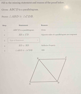 Fill in the missing statement and reason of the proof below. 
Given: ABC D is a parallelogram. 
Prove: △ ABD≌ △ CDB. 
Step Statement Heasón 
1 A. BC D is a parallelogram Given
overline AB≌ overline CD Opposite sides of a gatallelogram ase congruent 
3 Type of Staiernend 
4 overline BD≌ overline BD Reflexive Property 
5 △ ABD≌ △ CDB 888