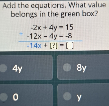 Add the equations. What value
belongs in the green box?
beginarrayr -2x+4y=15 -12x-4y=-8 -14x+[?]=[]endarray
4y
8y
0
y