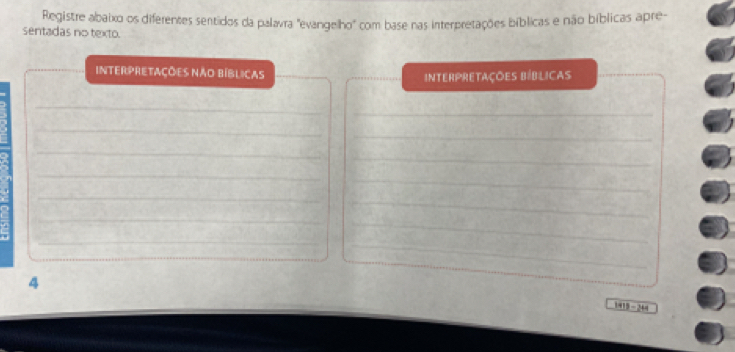 Registre abaixo os diferentes sentidos da palavra "evangelho" com base nas interpretações bíblicas e não bíblicas apre- 
sentadas no texto. 
INTERPRETAÇÕES NÃO BÍBLICAS InterPreTAçõeS BíBlicas 
_ 
_ 
_ 
_ 
_ 
_ 
_ 
_ 
_ 
_ 
_ 
_ 
_ 
_ 
4 
1415 -244