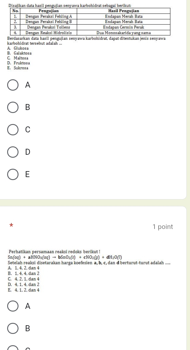 Disajikan data hasil pengujian senyawa karbohidrat sebagai berikut:
Berdasarkan data hasil pengujian senyawa karbohidrat, dapat ditentukan jenis senyawa
karbohidrat tersebut adalah ...
A. Glukosa
B. Galaktosa
C. Maltosa
D. Fruktosa
E. Sukrosa
A
B
C
D
E
*
1 point
Perhatikan persamaan reaksi redoks berikut !
Sn(aq)+aHNO_3(aq)to bSnO_2(s)+cNO_2(g)+dH_2O(l)
Setelah reaksi disetarakan harga koefesien a, b, c, dan d berturut-turut adalah .....
A. 1, 4, 2, dan 4
B. 1, 4, 4, dan 2
C. 4, 2, 1, dan 4
D. 4, 1, 4, dan 2
E. 4, 1, 2, dan 4
A
B