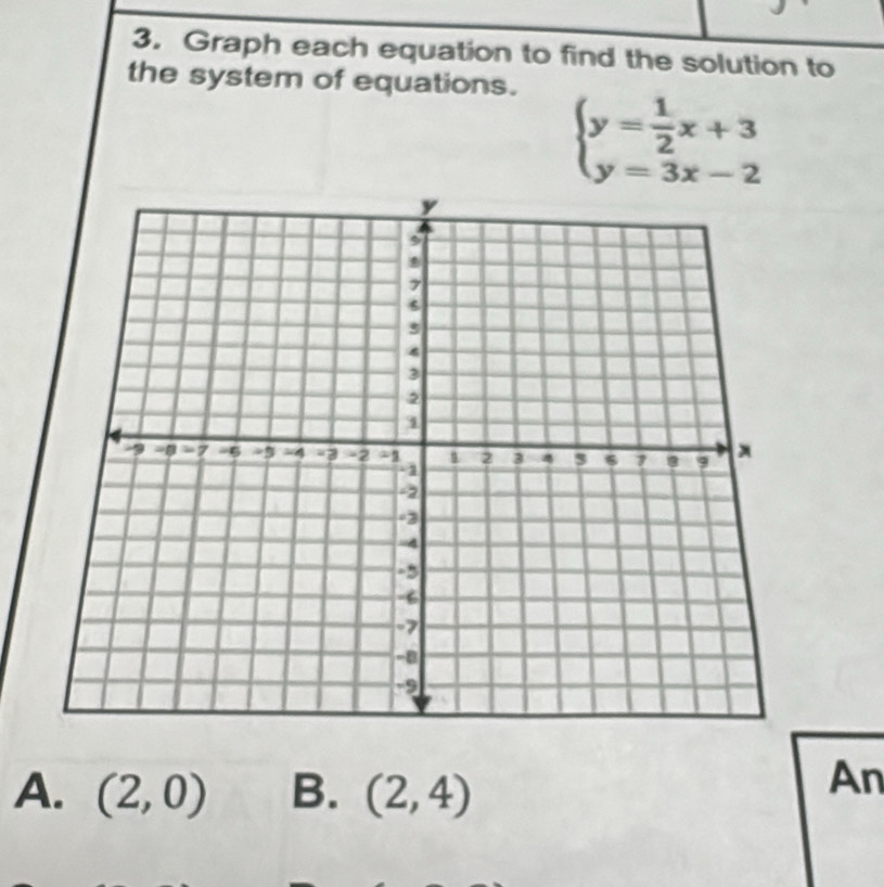 Graph each equation to find the solution to
the system of equations.
beginarrayl y= 1/2 x+3 y=3x-2endarray.
A. (2,0) B. (2,4)
An