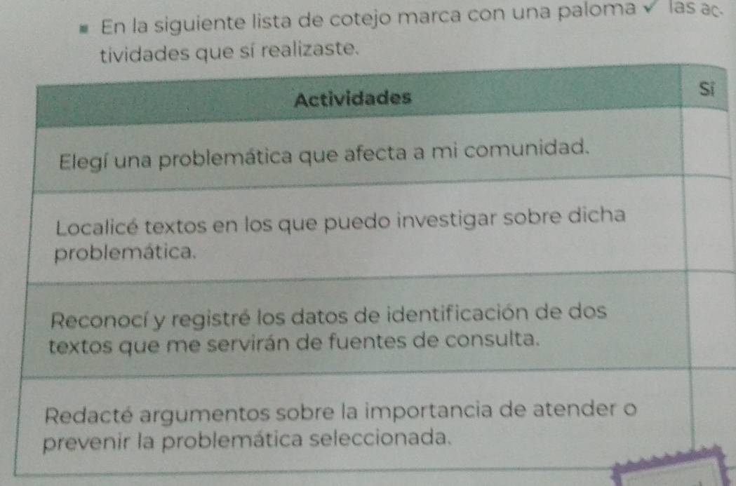 En la siguiente lista de cotejo marca con una paloma sqrt() las ac. 
alizaste. 
ĩ