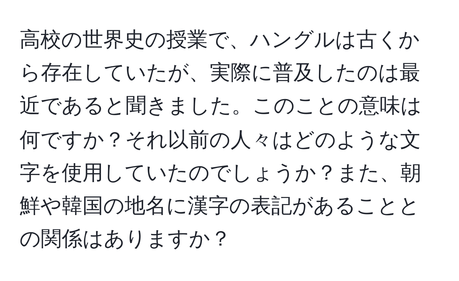 高校の世界史の授業で、ハングルは古くから存在していたが、実際に普及したのは最近であると聞きました。このことの意味は何ですか？それ以前の人々はどのような文字を使用していたのでしょうか？また、朝鮮や韓国の地名に漢字の表記があることとの関係はありますか？