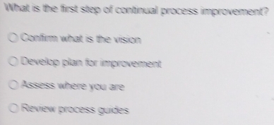 What is the first step of continual process improvement?
Confirm what is the vision
Develop plan for improvement
Assess where you are
Review process guides