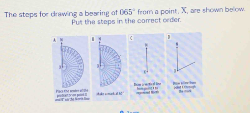 The steps for drawing a bearing of 065° from a point, X, are shown below. 
Put the steps in the correct order. 
( D 


Draw a vertical line Draw a line from 
Place the centre of the from point X to point X through 
and 0 '' on the North line protractor on point X Make a mark at65° represent North the mark