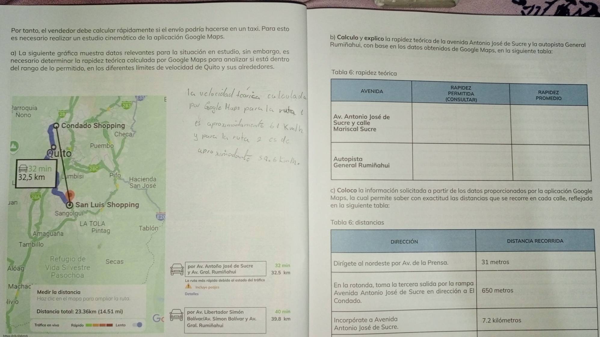 Por tanto, el vendedor debe calcular rápidamente si el envío podría hacerse en un taxi. Para esto 
es necesario realizar un estudio cinemático de la aplicación Google Maps. 
b) Calculo y explico la rapidez teórica de la avenida Antonio José de Sucre y la autopista General 
Rumiñahui, con base en los datos obtenidos de Google Maps, en la siguiente tabla: 
a) La siguiente gráfica muestra datos relevantes para la situación en estudio, sin embargo, es 
necesario determinar la rapidez teórica calculada por Google Maps para analizar si está dentro 
del rango de lo permitido, en los diferentes límites de velocidad de Quito y sus alrededores. Tabla 6: rapidez teóric 

P 



c) Coloco la información solicitada a partir de los datos proporcionados por la aplicación Google 
Maps, la cual permite saber con exactitud las distancias que se recorre en cada calle, reflejada 
Ja en la siguiente tabla: 
Tabla 6: distancias 
DIRECCIÓN DISTANCIA RECORRIDA
31 metros
Alpor Av. Antoño José de Sucre 32 min Dirígete al nordeste por Av. de la Prensa. 
y Av. Gral. Rumiñahui 32.5 km
MLa ruta más rápida debido al estado del tráfico 
Incluye peojes En la rotonda, toma la tercera salida por la rampa 
Detalles 
liv Condado. Avenida Antonio José de Sucre en dirección a El 650 metros
por Av. Libertador Simón 40 min
Bolívar/Av. Símon Bolívar y Av. 39.8 km 7.2 kilómetros
Tráfico en vivo Rápido Lento Gral. Rumiñahui Incorpórate a Avenida 
Antonio José de Sucre.